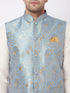 Vastramay Men's Viscose Cream Kurta And Pyjama With Grey Woven Nehru Jacket